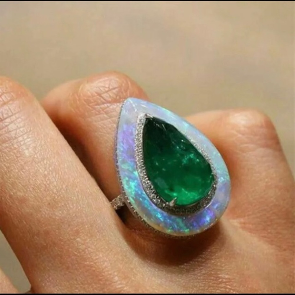 Pear Cut Fire Opal Emerald 925 Silver Party Ring